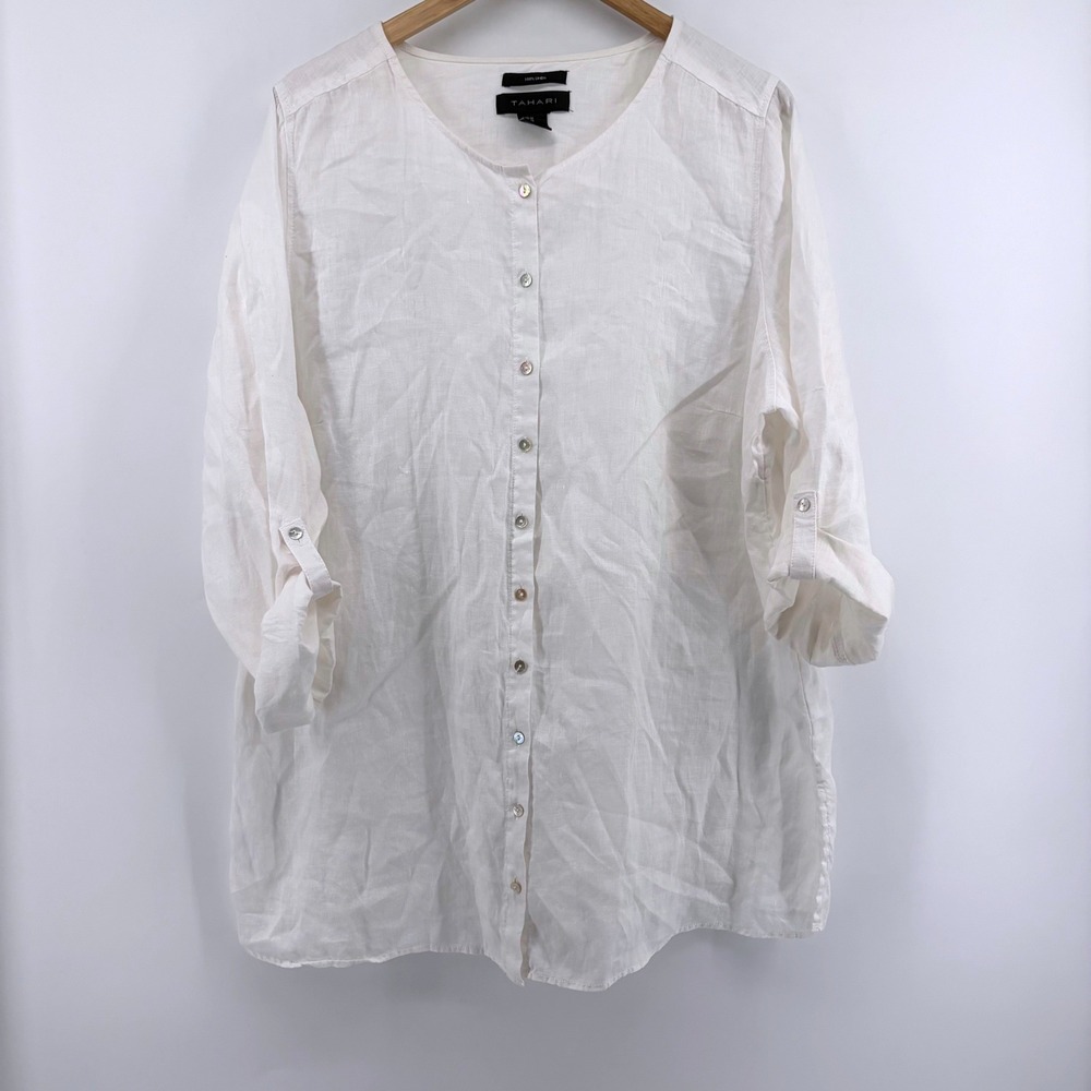 Tahari White 100% Linen Roll Tab Sleeve Button Front Tunic Blouse Womens 1X - Picture 3 of 9